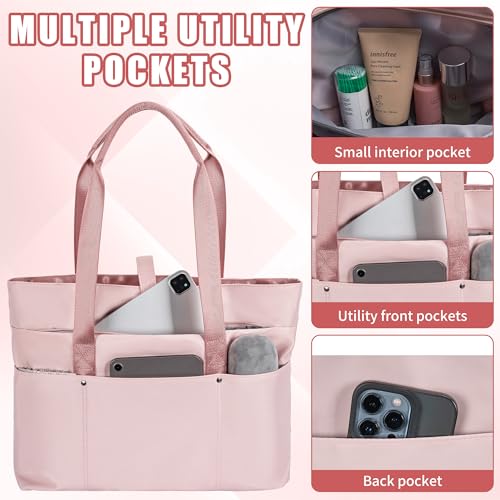 Large Tote Bag for Women with Multiple Pockets, Water Resistant Foldable Tote Bag Utility Tote, Lightweight Shoulder Bag Handbag for Travel, Work, Pink