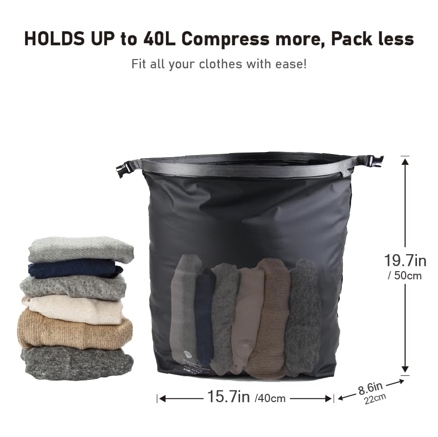 Noitullop Vacuum Compression Bags for Travel, 40L Pump-Free Reusable Vacuum Bags, Waterproof Laundry Bag for Backpack and Suitcase, Space Saver Bags for Backpacking