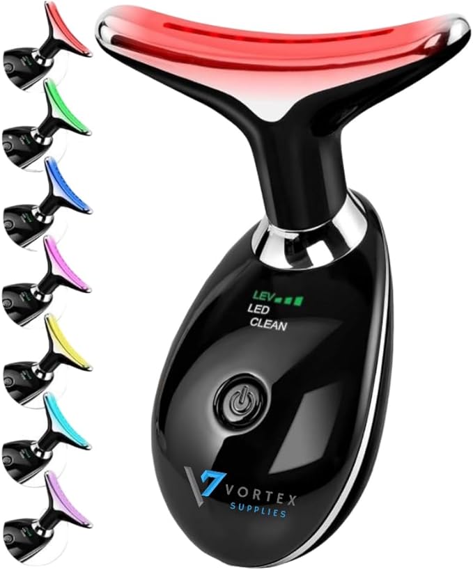 7-in-1 LED Face & Neck Massager – Skin Firming, Anti-Aging, Vibration & Heat Facial Tool for Home Use – Red & Blue Light Therapy – Model ES-1081