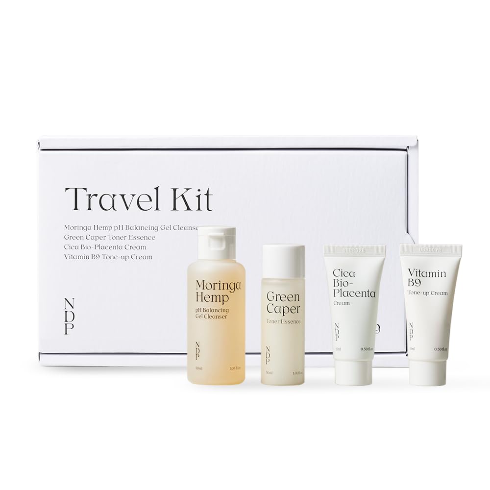 Natural Derma Project - Travel Kit - Mini Travel Size Skincare Essentials - Moringa Hemp Gel Cleanser, Green Caper Toner Essence, Cica Bio-Placenta Cream, B9 Tone-Up Cream (4 items)