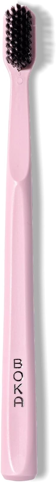 Boka Classic Manual Toothbrush with Extra Soft Activated-Charcoal, Tapered Bristles, Bioplastic Handle That Includes Travel Cap, Dentist-Approved, Great for Adults and Kids, Pink (Pack of 1)