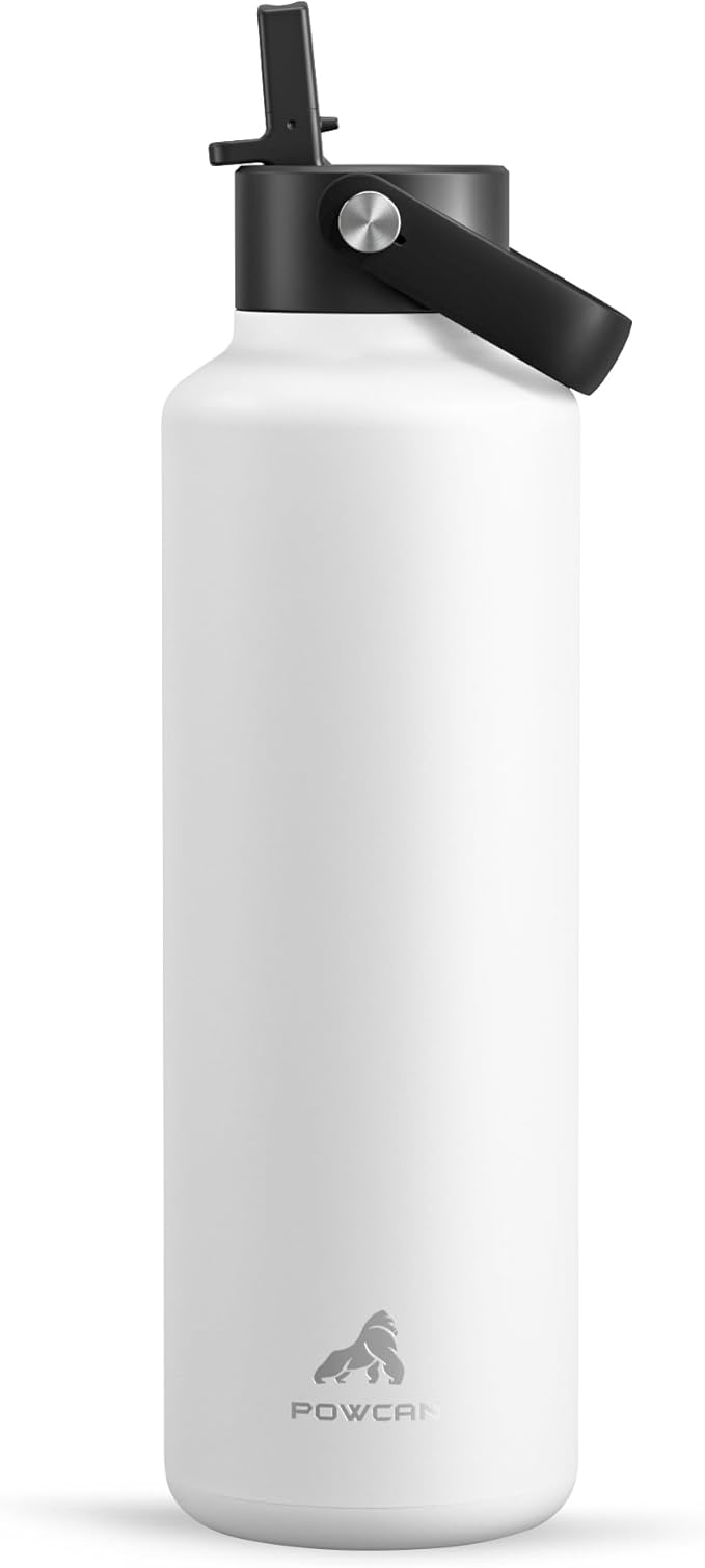 24 oz Travel Water Bottle for Teens: Standard Mouth, Leakproof, BPA-Free, Easy Hold Handle, Insulated Stainless Steel Thermos with Straw for School, Outdoors, Running, Camping, Sport (Frost White)