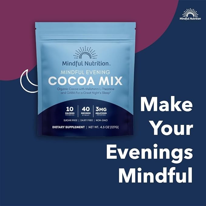 Mindful Evening Sugar Free Cocoa Mix Natural Sleep Aid, 40 Servings, Melatonin 3mg, L-Theanine, GABA Supplements, Natural Calm Sleep Support Stress Relief Calm Sleepy Cocoa Nighttime Hot Chocolate