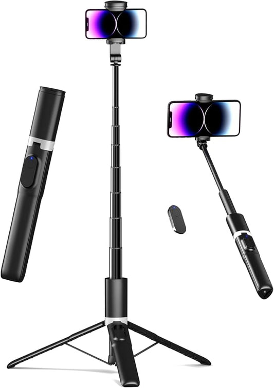 61" Tripod for iPhone, Selfie Stick for iPhone with Wireless Remote, Lightweight Travel Phone Tripod, Phone Stand for Selfie/Video Recording Vlogging, Compatible with Smartphones Android
