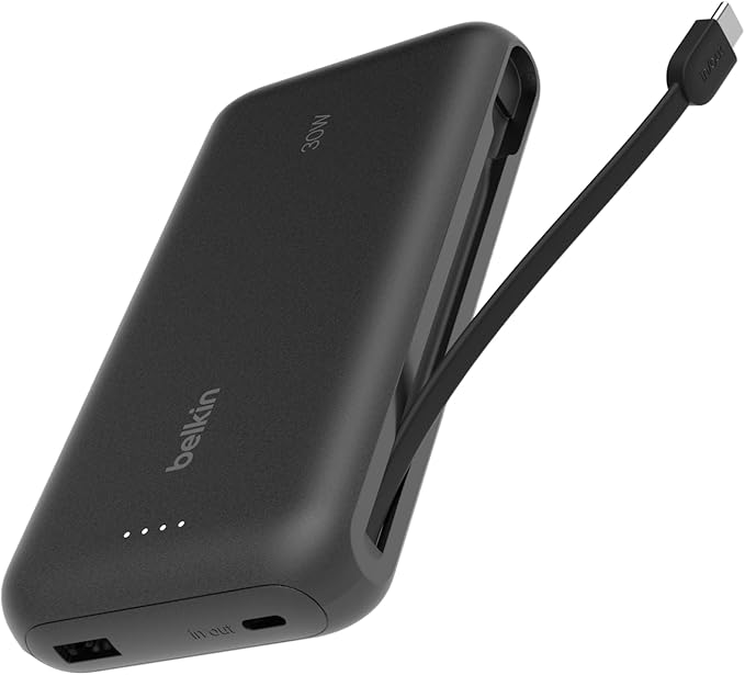 Belkin Portable Charger, Power Bank with Integrated Cable 20000 mAh 30W - Fast Charging USB C Power Delivery, iPhone Charger - iPhone 17, Air, Pro, Pro Max, iPad, Galaxy S25, & More - Black