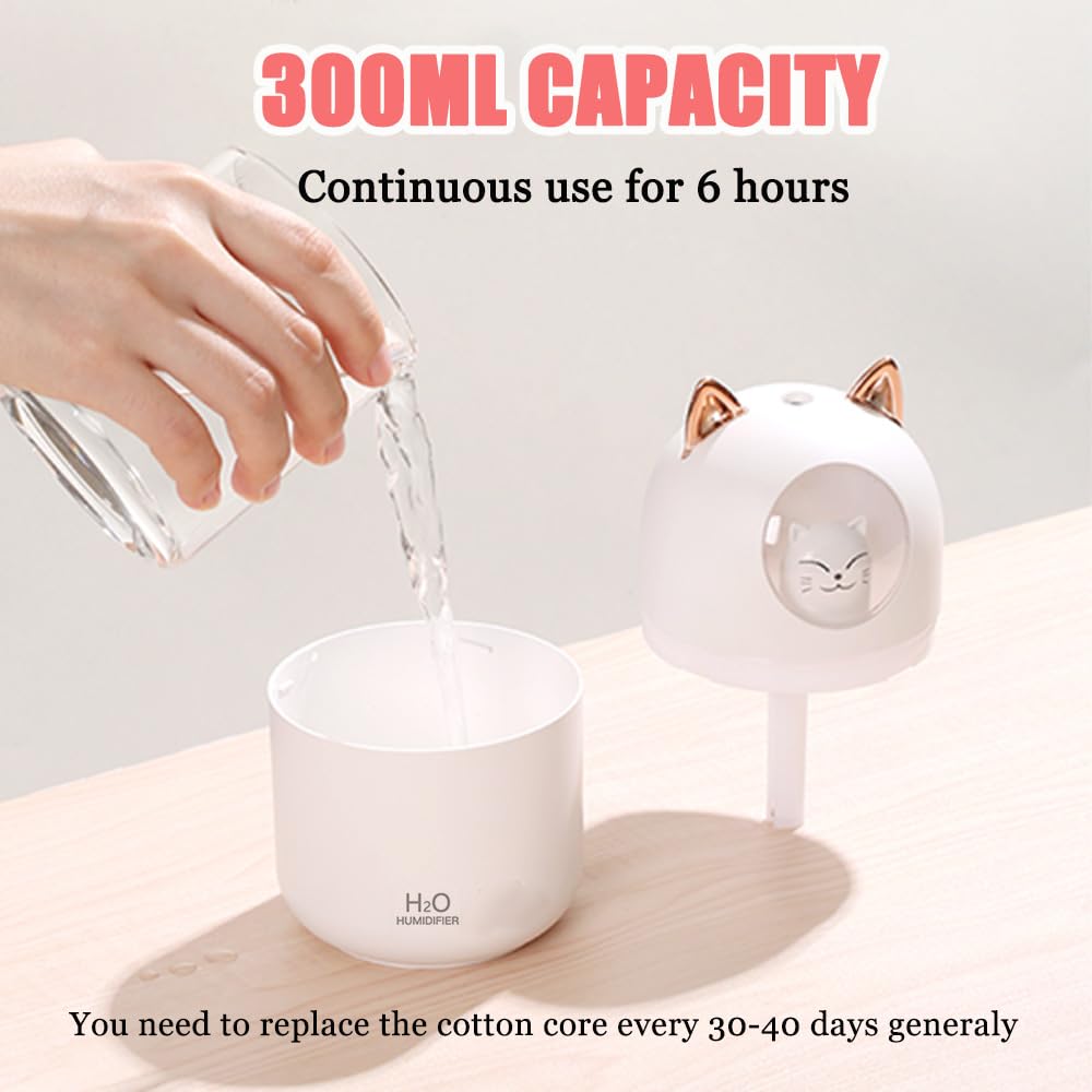 Portable Small Humidifier, YIMIKE 300ml Mini Cool Mist Humidifier with Night Light, USB Personal Humidifier Auto Shut-Off, Ultra-Quiet, 2 Spray Modes, Suitable for Home Office Travel (Light Pink)