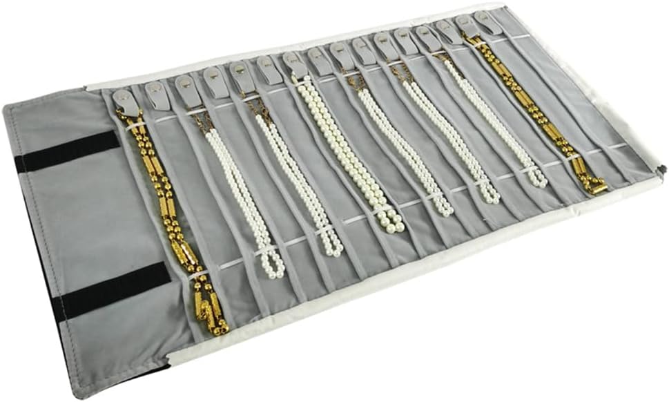 SCIKHEFT Portable Jewelry Roll Untangled Secure Necklace Travel Storage Bag Displays Holder 16 Chain (Black and Gray)