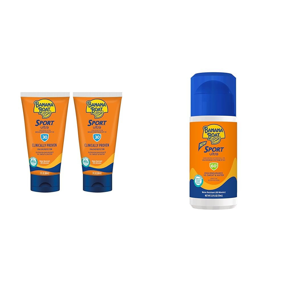 Banana Boat Sport Ultra Sunscreen Lotion SPF 30 Twin Pack and SPF 60 Roll On Sunscreen 2.5oz Travel Size Sweat & Water Resistant Sunblock