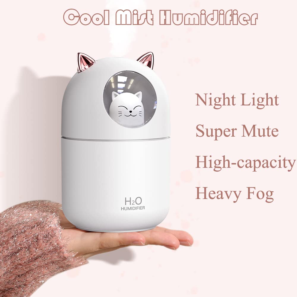 Portable Small Humidifier, 300ml Mini Cool Mist Humidifier with Night Light, USB Personal Humidifier Auto Shut-Off, Ultra-Quiet, 2 Spray Modes, Suitable for Home Office Travel(white)