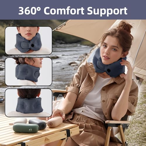 EVERY THINK Inflatable Travel Pillow - Travel Pillow for Long Flight, Inflatable Neck Pillow for Traveling, Pocket Blow Up Pillow for Airplane, Bus, Train, Car, Office, Home (Navy Blue)