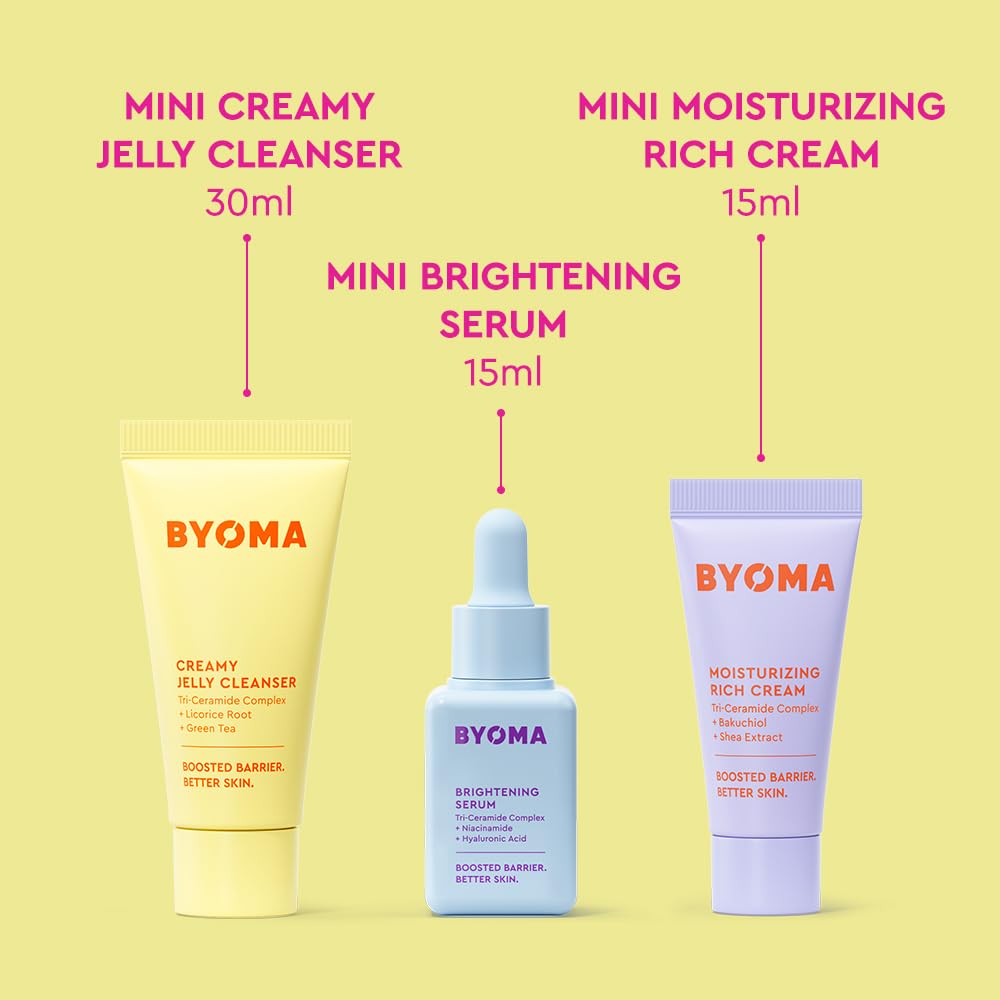 BYOMA So Bright Set - Barrier Repair Skincare Set for Brighter Skin - Creamy Jelly Cleanser, Brightening Face Serum & Ceramide Face Moisturizer - Alcohol Free Skin Care - 30ml, 15ml, 15ml