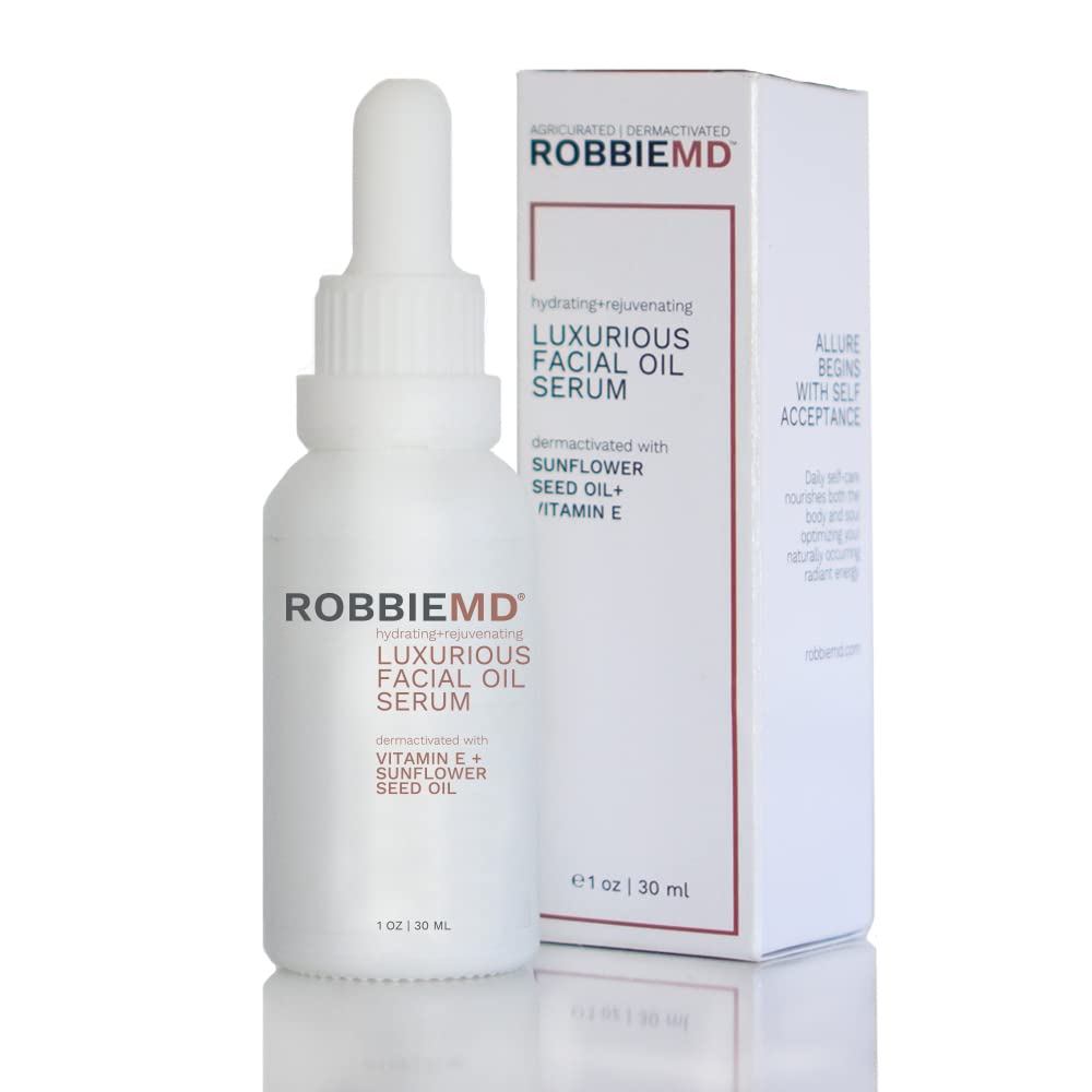 RobbieMD Luxurious Facial Oil Serum, Cold Pressed Organic Sunflower Oil and Vitamin E for Deep Hydration, Soothe Protect Skin Barrier Even Out Skin Tones (1 oz/30 ml)