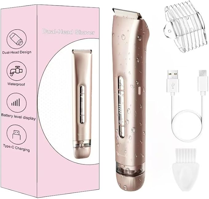 2-in-1 Electric Shaver & Bikini Trimmer for Women - Painless Electric Razor for Face,Body & Intimate Areas,Cordless Wet/Dry Shaver with Dual Blades,Waterproof for Shower&Travel(Gold)