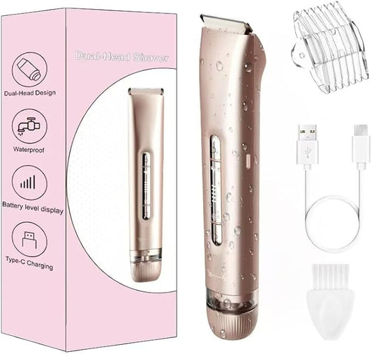 2-in-1 Electric Shaver & Bikini Trimmer for Women - Painless Electric Razor for Face,Body & Intimate Areas,Cordless Wet/Dry Shaver with Dual Blades,Waterproof for Shower&Travel(Gold)