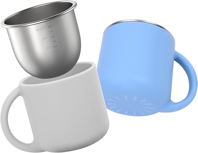 2-IN-1 Open Toddler Cups, Stainless Steel Baby Cup + Silicone Training Cup for Toddlers Kids Babys, No Plastic | No Soap Smell | Shock-Proof Feeding Essentials, 2-Pack Blue/Gray