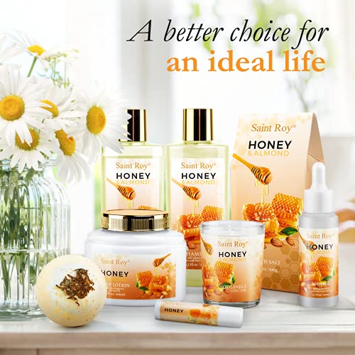 Bath & Body Gift Set, Luxury Home Spa Bath Gift Basket, Honey Almond Scented Bath Set, Pamper Gifts for Women Birthday gifts & Teens, Christmas Spa Gift, Home Spa Gifts for Women Men Dad