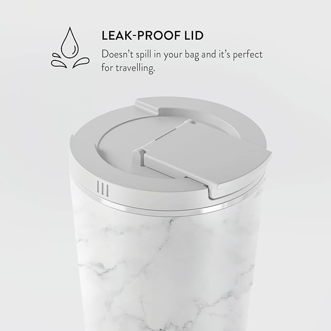 BURGA Travel Coffee Mug (16oz) – Spill-Proof, Secure-Seal Insulated Coffee Mug – Scratch-Resistant, Stainless Steel Travel Mug Stays Hot or Cold – Anti-Slip Coffee Tumbler – White Marble Travel Mug