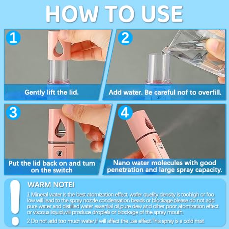 4 Pack Handheld Personal Diffuser Portable Facial Spray Steamer Mist Spray Cleaning Pores Water SPA Moisturizing Hydrating Face Sprayer, USB Rechargeable Mini Beauty Device - Pink and White