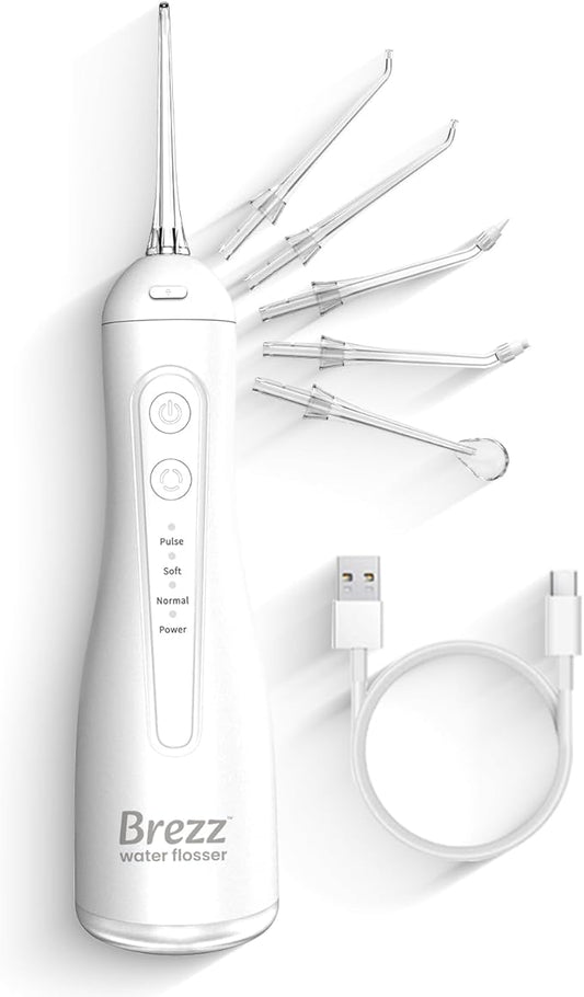 Brezz Water Dental Flosser Pick:Professional for Teeth Cleaning,4 Modes Cordless, Rechargeable IPX 7Waterproof,300ML Large Tank,Electric,Portable Home Travel,5Tips Flossing,Powerful Battery (White)
