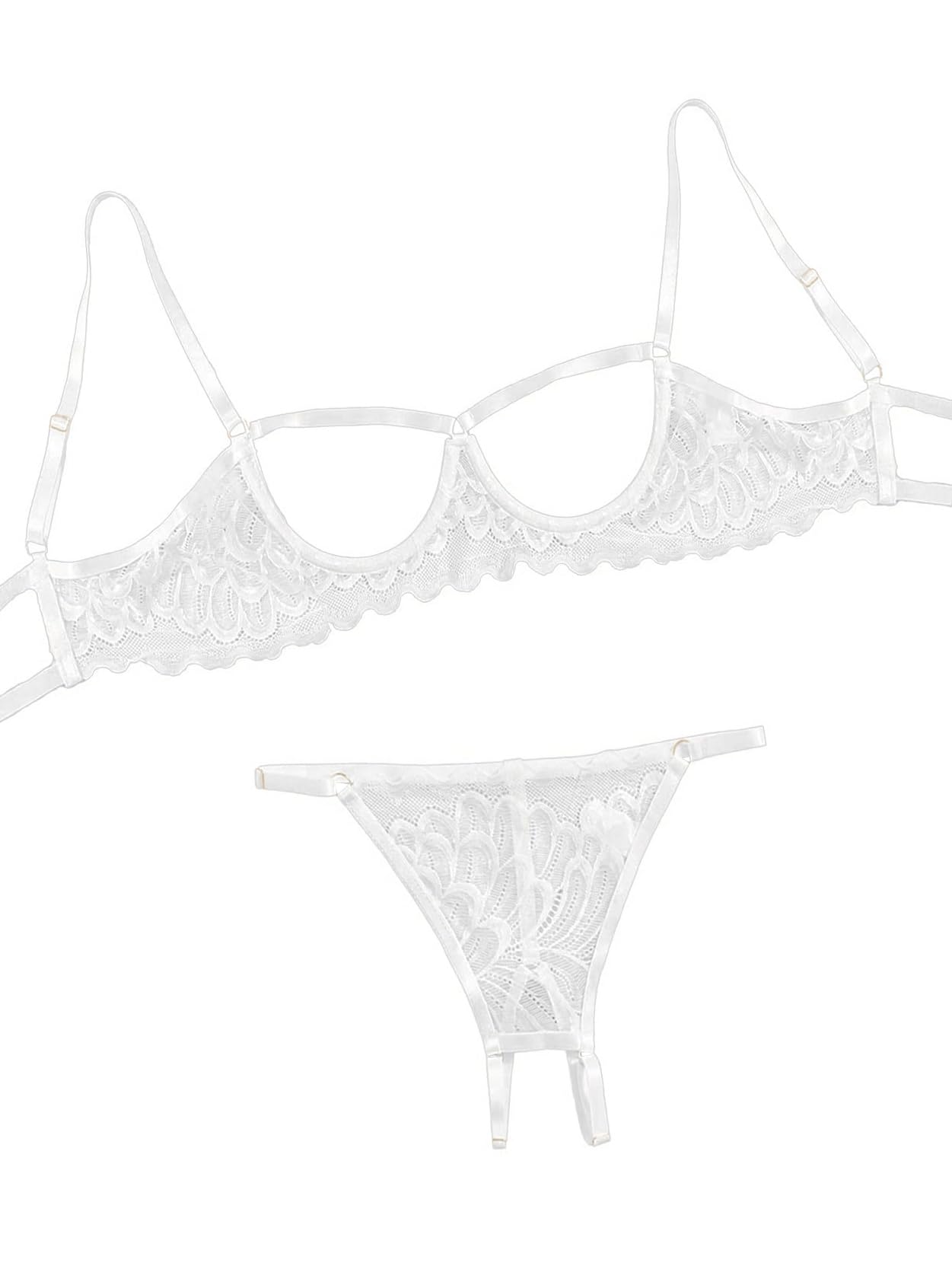 Lilosy Sexy Underwire Floral Lace Sheer Bachelorette Lingerie Set for Women See Through Bra and Panty 2 Piece White Large