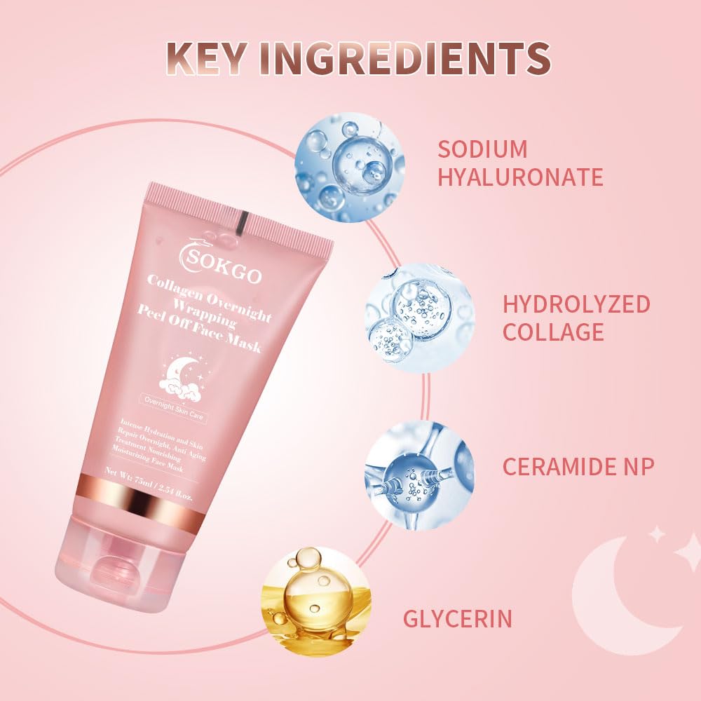 Sokgo Collagen Overnight Wrapping Mask, Intensive Hydration Anti Aging Overnight Skin Treatment, Boosts Elasticity and Firmness, Revitalizes Dull Skin Reduces Fine Lines and Wrinkles (1PCS)