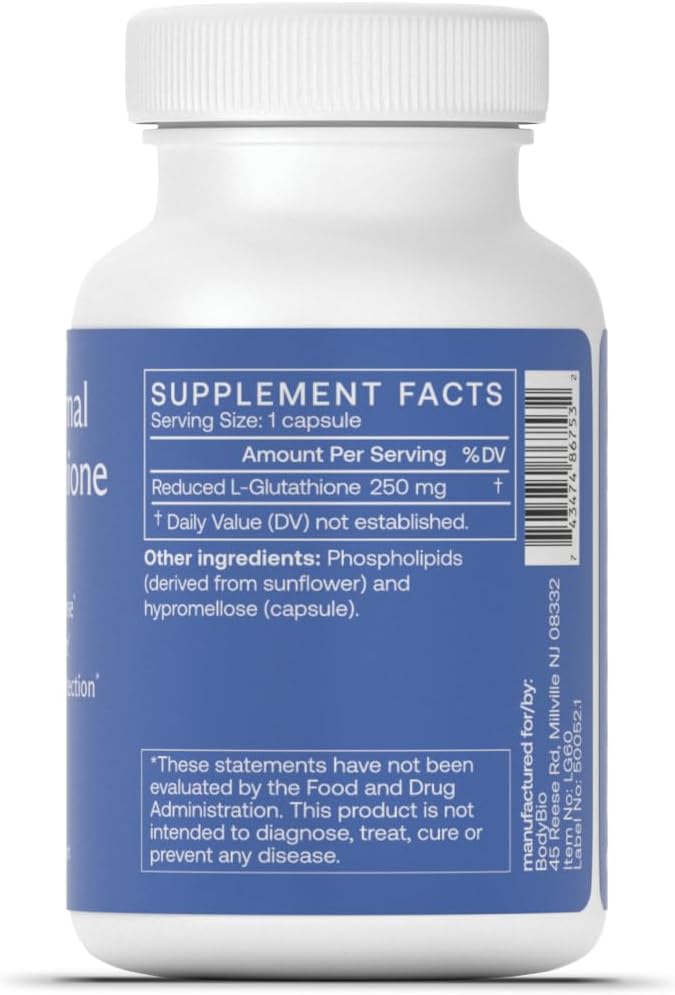 Bodybio Liposomal Glutathione | Body’s Most Powerful Antioxidant | Master Detoxification | Colon Cleanse| Optimal Cell Protection for Immune Defense | Enhanced Liposomal Absorption | 60 Capsules