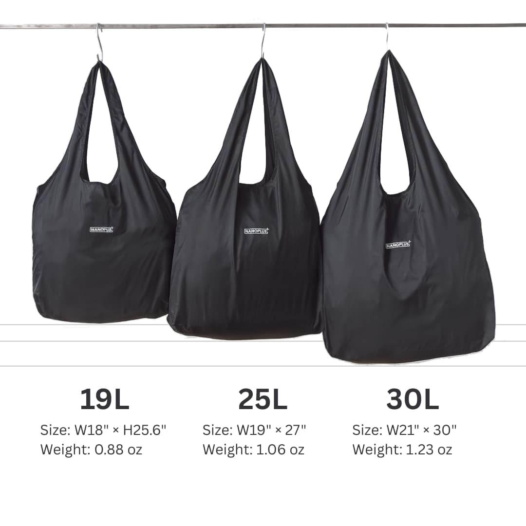 NANOPLUS Compact Reusable Grocery 30L Tote Bag – Lightweight, Foldable & Packable Shopping Bag for Travel, Daily Errands, and Outdoor Use – Collapsible, Washable (Black)