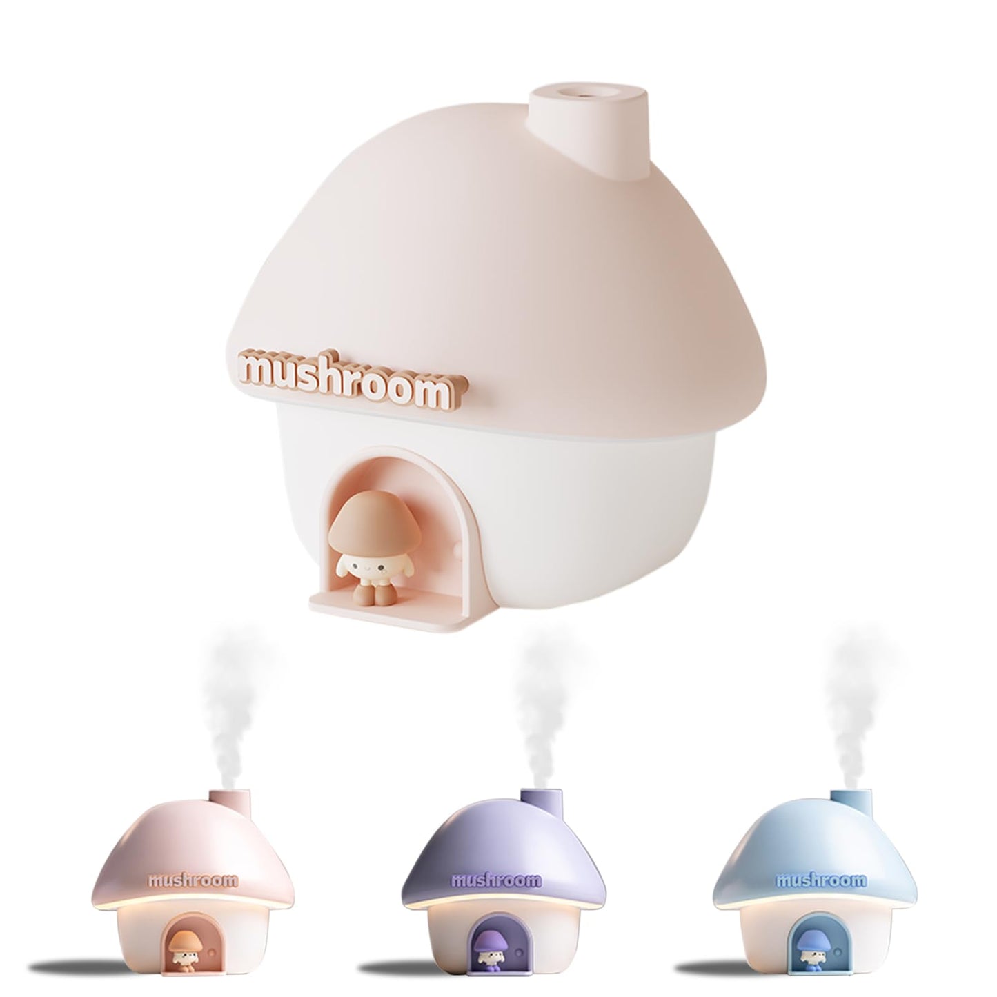 Cute Mushroom House Humidifier, 300ml Small Cool Mist Humidifers, USB Rechargeable Mini Portable Air Humidifer with Night Light for Bedroom, Office, Car, Travel, Indoor Plants (Pink)