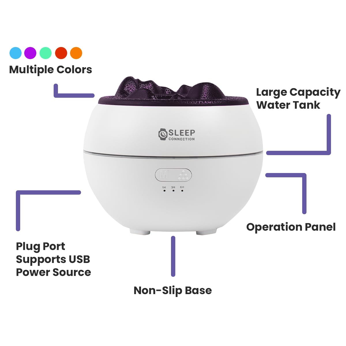 Sleep Connection Volcano Humidifier Essential Oil Diffuser - 360ml Fine Mist Volcano Aroma Diffuser, Quiet Operation with Flexible Timer Settings, 7-Color LED Lights for Enhanced Sleep and Relaxation