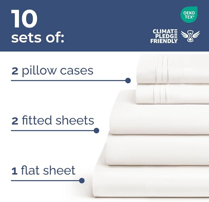 Bulk Case Pack of 10 Sheet Sets - (10) Complete Split King Size Sheet Sets w/ Deep Pockets - Wholesale Bulk Bedding for Hotels, Spas & Airbnbs - Breathable & Wrinkle Free - (Split King, Antique White)