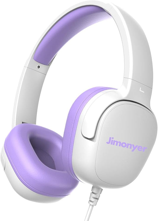 Kids Headphones for School, 3.5mm Jack Wired Headphones for Kids with Safe Volume Limiter, HD Stereo Sound On-Ear Girls Boys Toddler Headphone for Tablet, iPad, Kindle(WhitePurple)