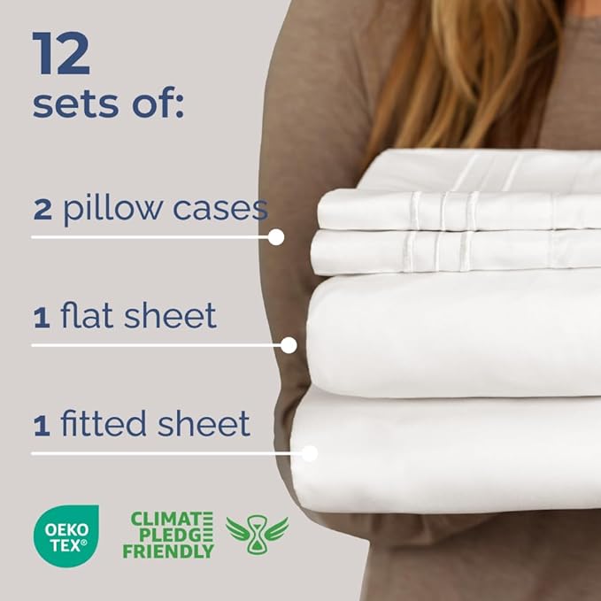 Bulk Case Pack of 12 Sheet Sets - (12) Complete Queen Size Sheet Sets w/ Deep Pockets - Wholesale Bulk Bedding for Hotels, Spas & Airbnbs - Breathable, Cooling & Wrinkle Free - (Queen, Antique White)