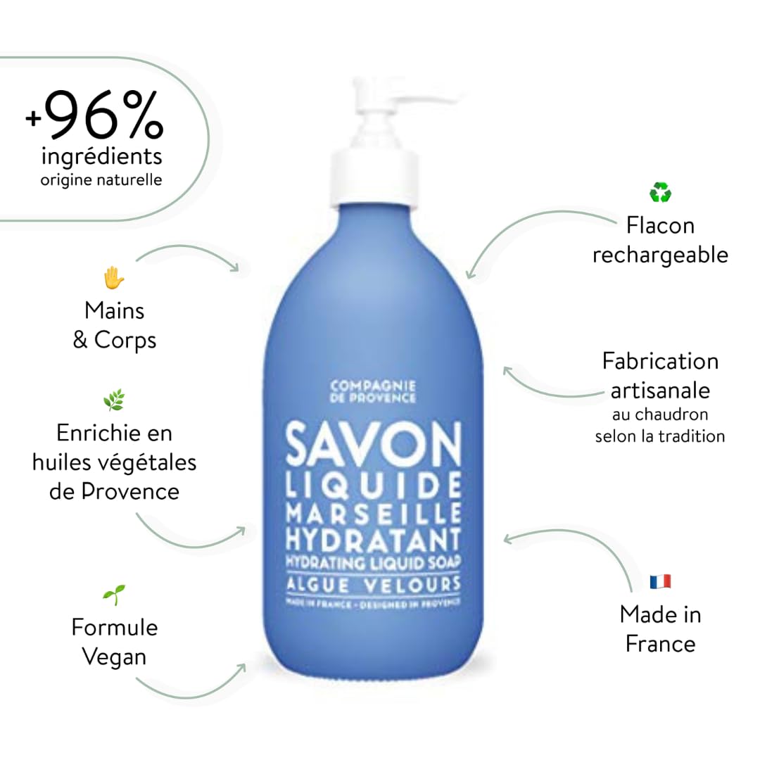 Compagnie de Provence Savon de Marseille Nourishing Liquid Soap, Velvet Seaweed, 10 Fl Oz Plastic Pump Bottle