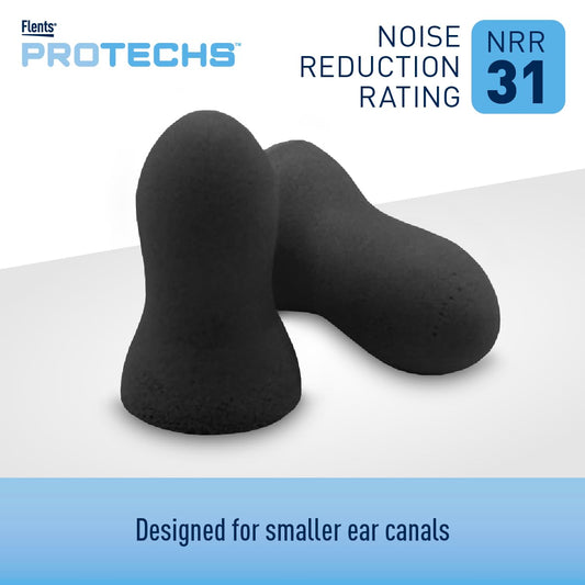 Flents Protechs Real Quiet Foam Ear Plugs for Small Ear Canals, Soft, Comfortable Hearing Protection for Sleep, Work, Travel & Loud Noise, NRR 31, Easy to Use, Black, 50 Pairs