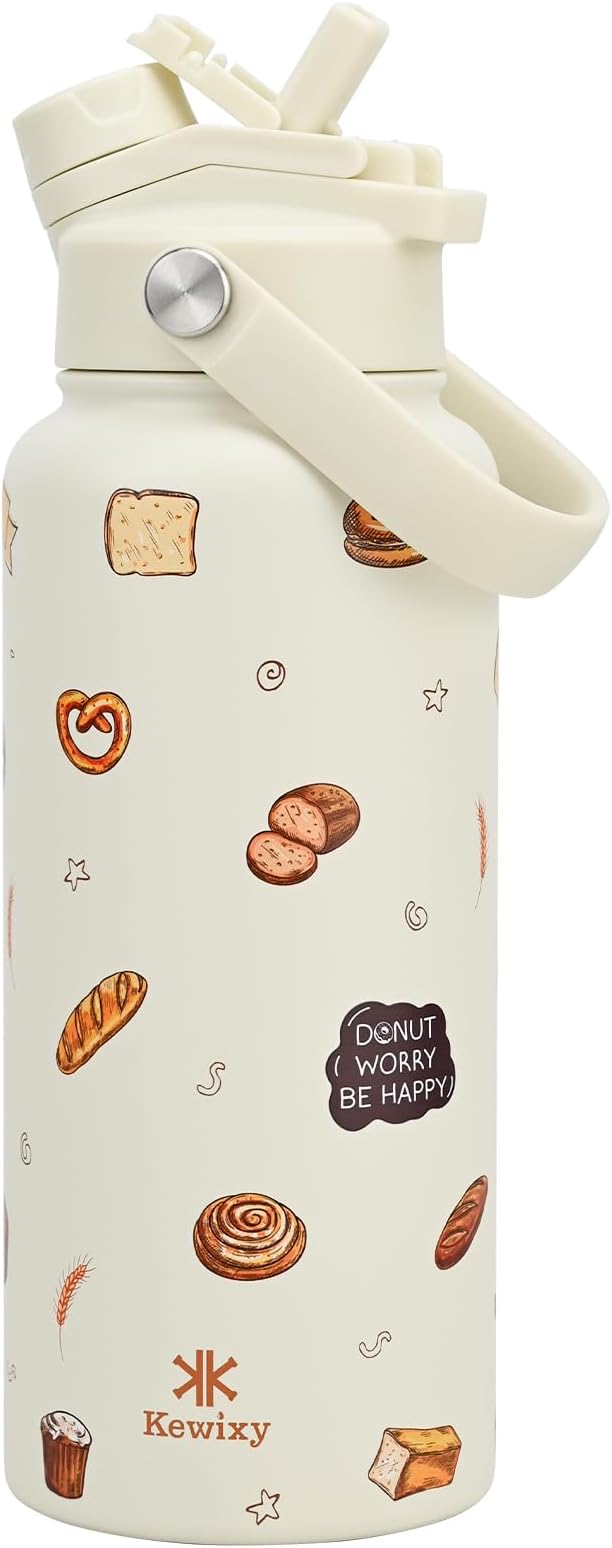 32 oz Insulated Water Bottle, 2-in-1 Lid, Straw & Spout with Protected, Leak Proof, Keep Cold, Stainless Steel, Metal, Reusable, Handle, for Travel, Gym and School, Bake Beige