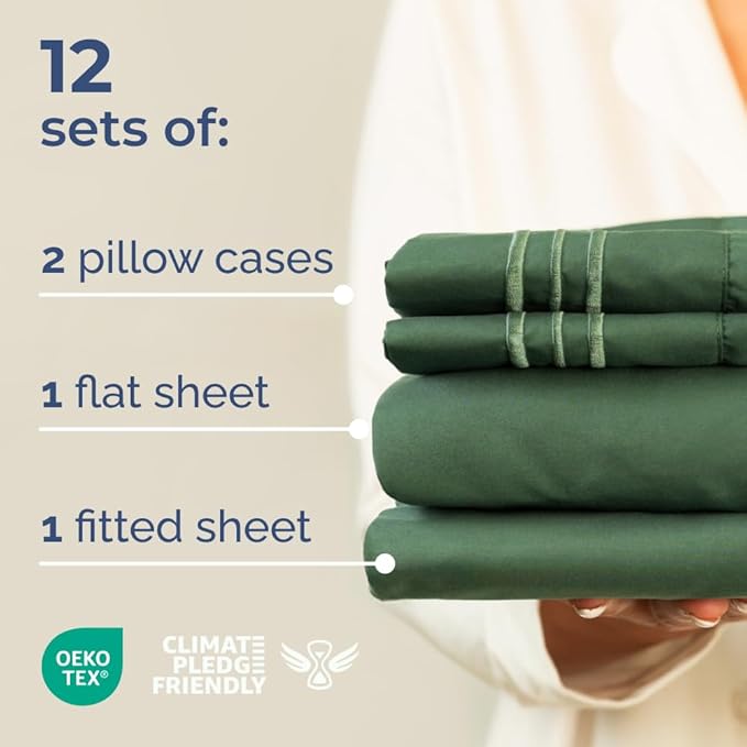 Bulk Case Pack of 12 Sheet Sets - (12) Complete Cal King Size Sheet Sets w/Deep Pockets - Wholesale Bulk Bedding for Hotels, Spas & Airbnbs - Breathable and Wrinkle Free - (Cal King, Emerald Green)