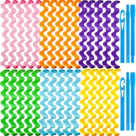 30 Pieces Heatless Waves Curlers Spiral Curls Styling Kit No Heat Hair Waver Spiral Curlers Rollers with 2 Pieces Styling Hooks for Most Hairstyles (65 cm)
