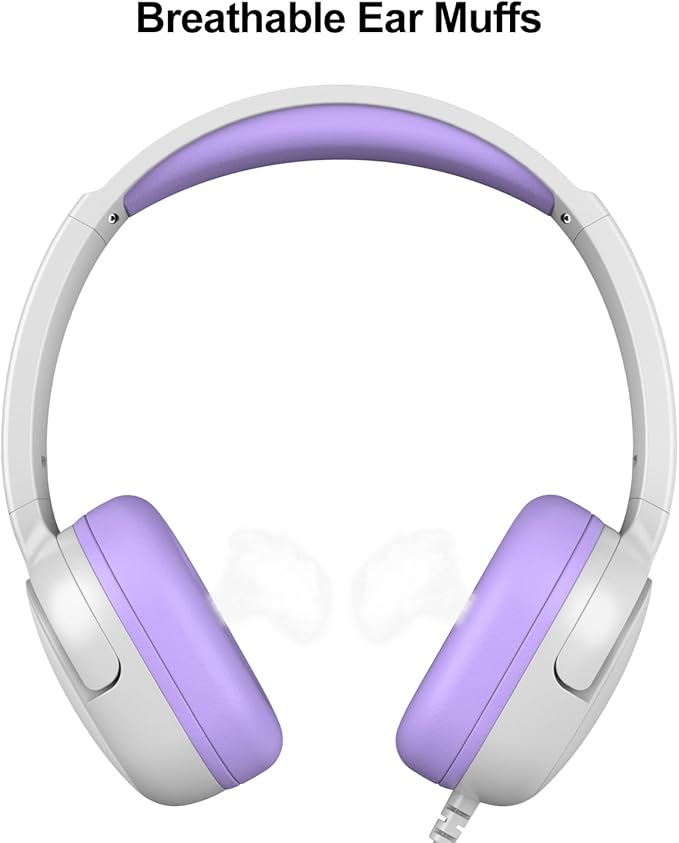Kids Headphones for School, 3.5mm Jack Wired Headphones for Kids with Safe Volume Limiter, HD Stereo Sound On-Ear Girls Boys Toddler Headphone for Tablet, iPad, Kindle(WhitePurple)