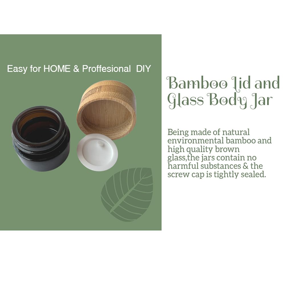 BEECO GIF2U Empty Refillable Glass Cosmetic Jar 4 Pack 5g/0.17oz with Bamboo Lids,Skin Care Travel Containers Pot Vial Holder Sample Storage for Eye Cream Lotion Ointments Lip Balm Brown