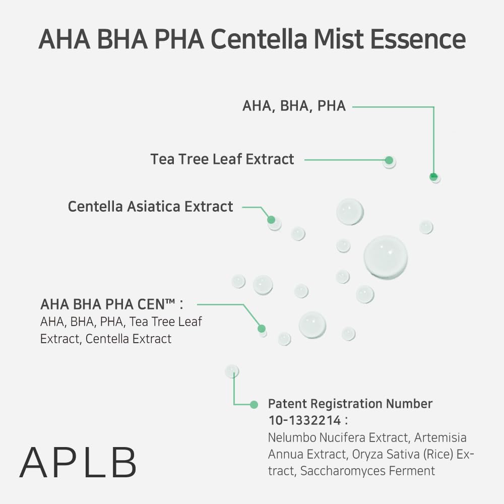 APLB AHA BHA PHA Centella Mist Essence | AHA BHA PHA CEN™ 23.8% 3.55 FL.OZ/Korean Skincare, Exfoliant, Replenishing Moisture, Revitalize for Gentle and Improve Skin Texture