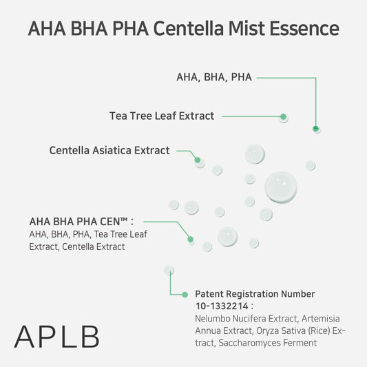 APLB AHA BHA PHA Centella Mist Essence | AHA BHA PHA CEN™ 23.8% 3.55 FL.OZ/Korean Skincare, Exfoliant, Replenishing Moisture, Revitalize for Gentle and Improve Skin Texture