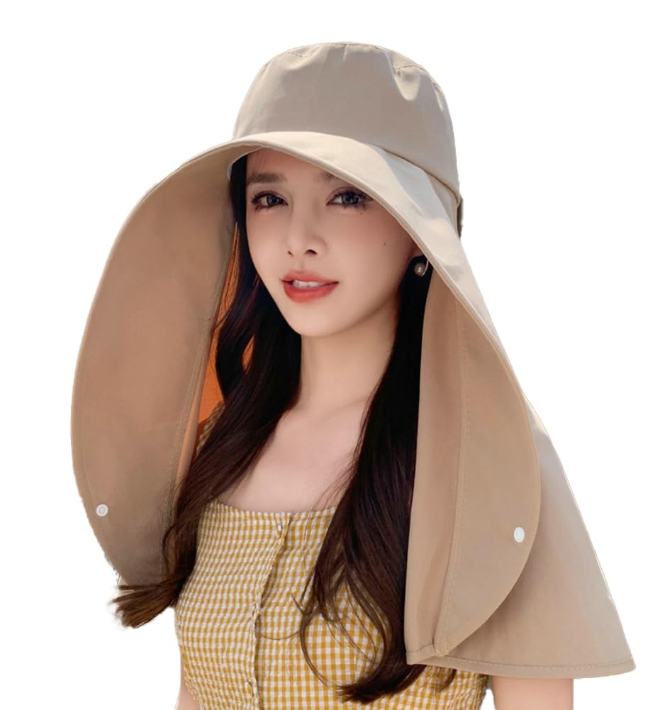 Sun Hats for Women Sun Protection Wide Brim Shawl with Neck Flap Hiking Visor Hat Outdoor Summer Khaki