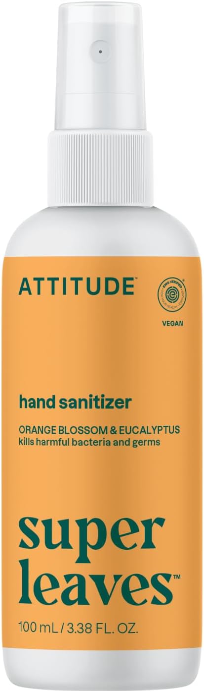 ATTITUDE Hand Sanitizer Spray for Adults and Kids, EWG Verified, Kills Bacteria and Germs, Vegan, Orange Blossom & Eucalyptus, 3.38 Fl Oz (Spray Bottle)
