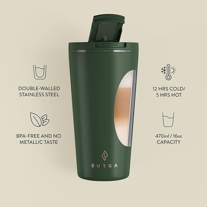 BURGA Travel Coffee Mug (16oz) – Spill-Proof, Secure-Seal Insulated Coffee Mug – Scratch-Resistant, Stainless Steel Travel Mug Stays Hot or Cold – Anti-Slip Coffee Tumbler – Khaki Travel Mug