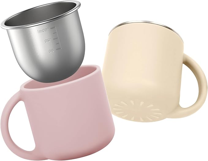 2-IN-1 Open Baby Cups, Stainless Steel Tiny Cup + Silicone Training Cup for Toddlers Kids Babys, No Plastic Taste | No Soap Smell | Shock-proof BLW Feeding Essentials, 2-Pack, Blush/Beige