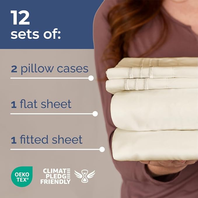 Bulk Case Pack of 12 Sheet Sets - (12) Complete Queen Size Sheet Sets with Deep Pockets - Wholesale Bulk Bedding for Hotels, Spas & Airbnbs - Breathable, Cooling & Wrinkle Free - (Queen, Off White)