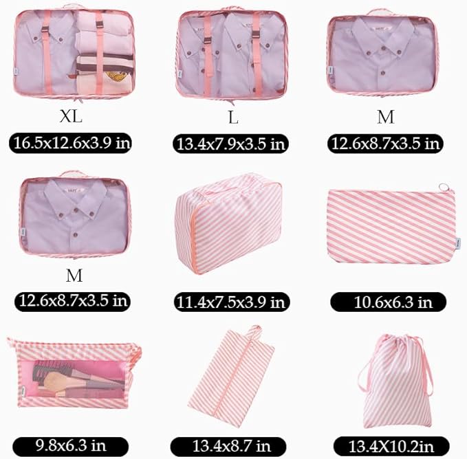 Compression Packing Cubes for Travel, Lightweight Vacation Travel Essentials, Travel Accessories for Suitcase Organizer Bags Set, Durable Luggage Organizer Travel Bags (pink/white 9 set)