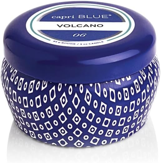 Capri Blue Volcano Scented Mini Tin Candle - Printed Mini Tin Jar Candle - Luxury Candles for Home Scented with Tropical Fruit & Sugared Citrus - Soy Candle Wax Blend - Blue Candle (3 oz)