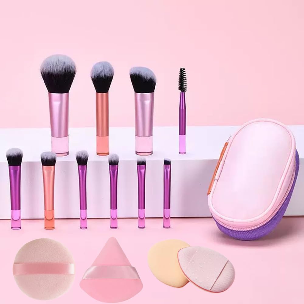 14PCS Portable ON THE GO Makeup Brush Set Mini Travel Makeup Brushes Set Easy-taken Mini Full Complete Function Cosmetic Brushes Kit with Brush Pouch (Colorful)