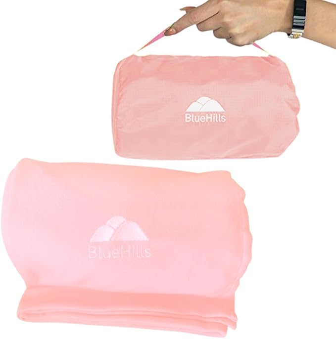 BlueHills Ultra Compact Travel Blanket 2 Pack Large Soft Cozy Portable Blanket Sheet with Carry Case and for Flight Airplane Car Layover Camping Hotel C206-2PK-Pink